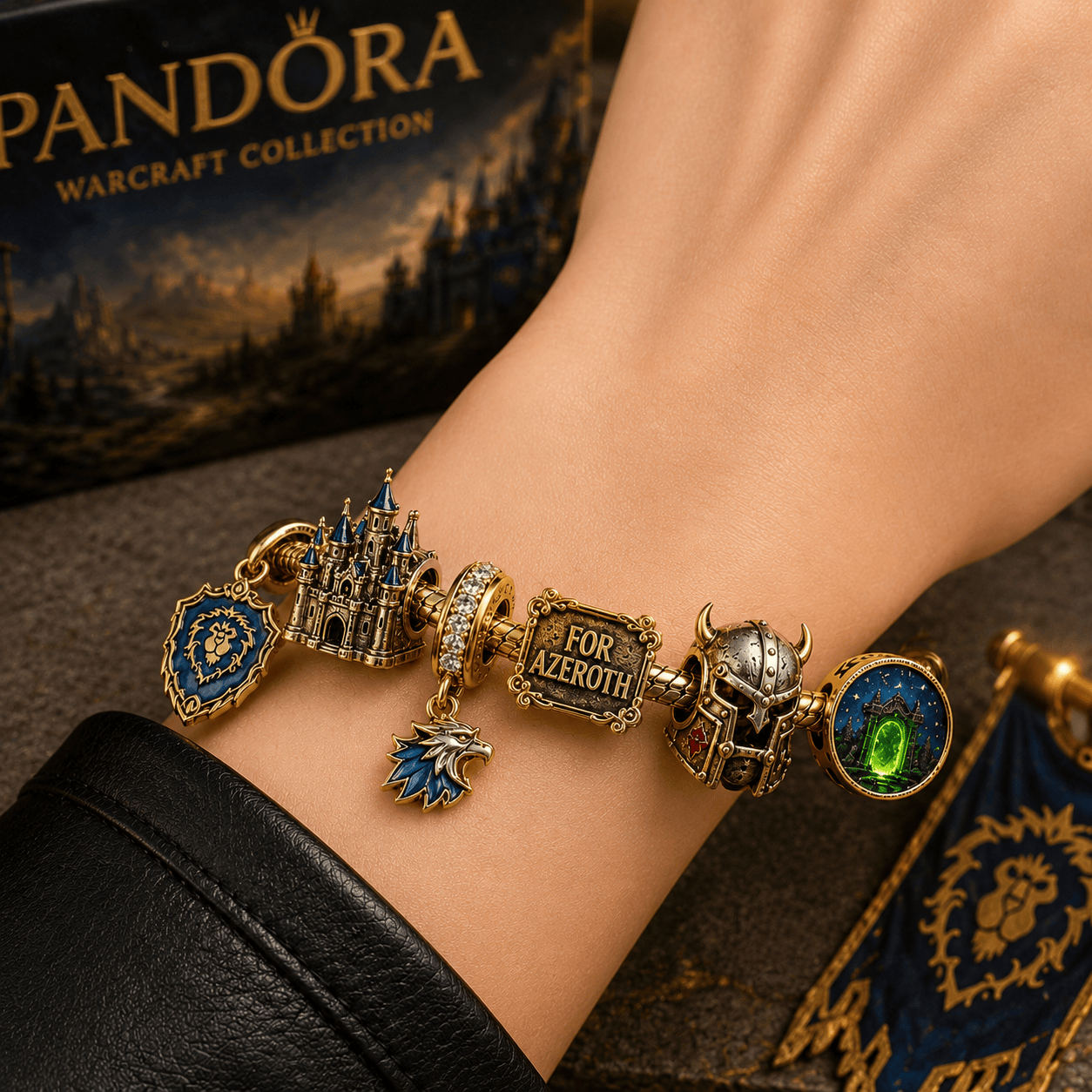 World of Warcraft Alliance Gold Plated For Azeroth Gamer Charm Bracelet Set World of Warcraft Alliance Gold Plated For Azeroth Gamer Charm Bracelet Set