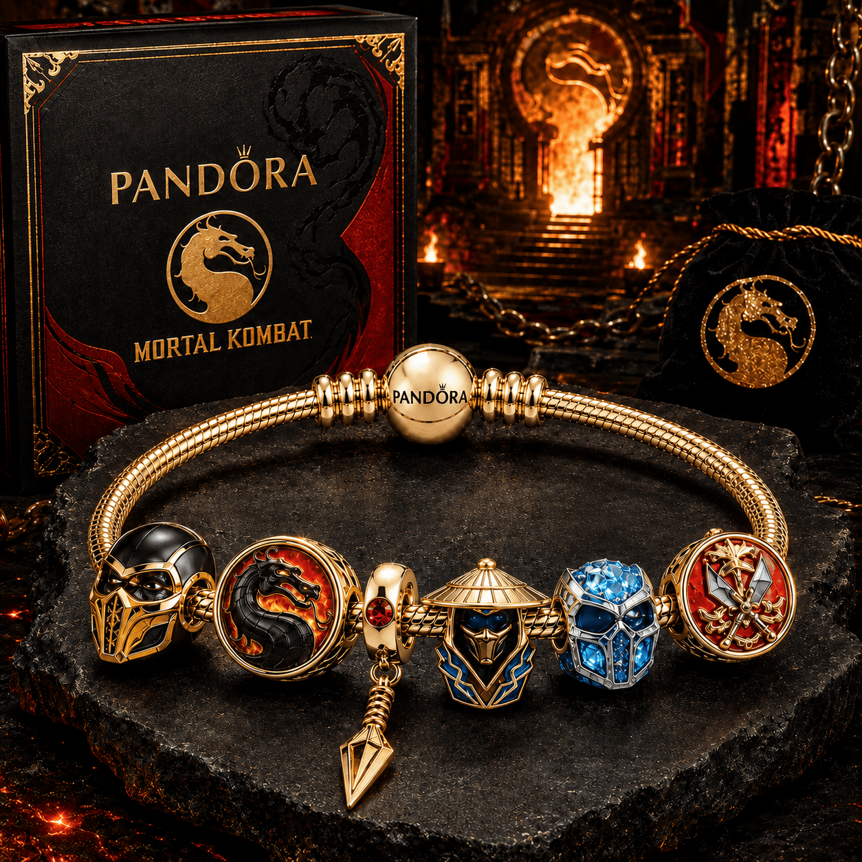 Pandora x Mortal Kombat Gold Plated Scorpion and Sub-Zero Luxury Gamer Jewelry Charm Bracelet Set