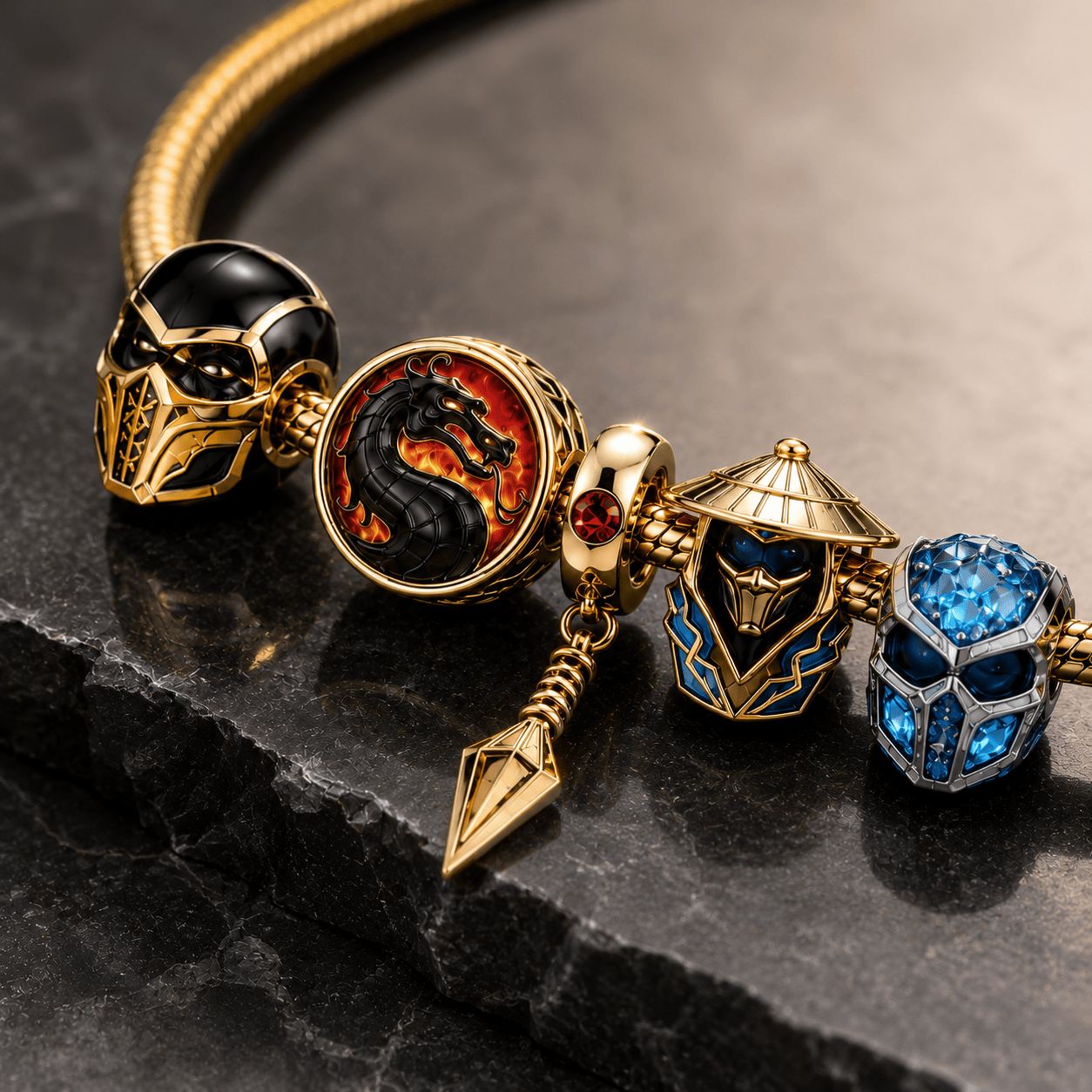 Pandora x Mortal Kombat Gold Plated Scorpion and Sub-Zero Luxury Gamer Jewelry Charm Bracelet Set Pandora x Mortal Kombat Gold Plated Scorpion and Sub-Zero Luxury Gamer Jewelry Charm Bracelet Set