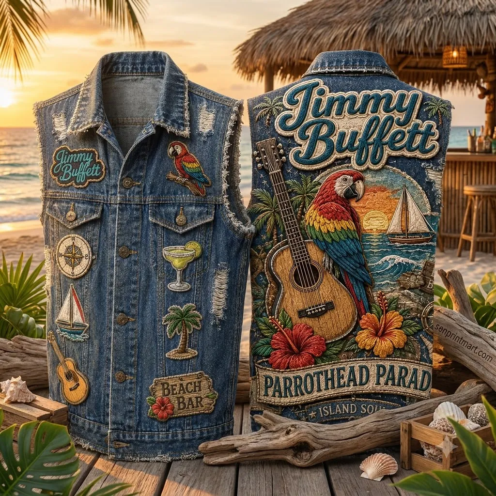 Jimmy Buffett Parrothead Paradise Tropical Distressed Denim Vest