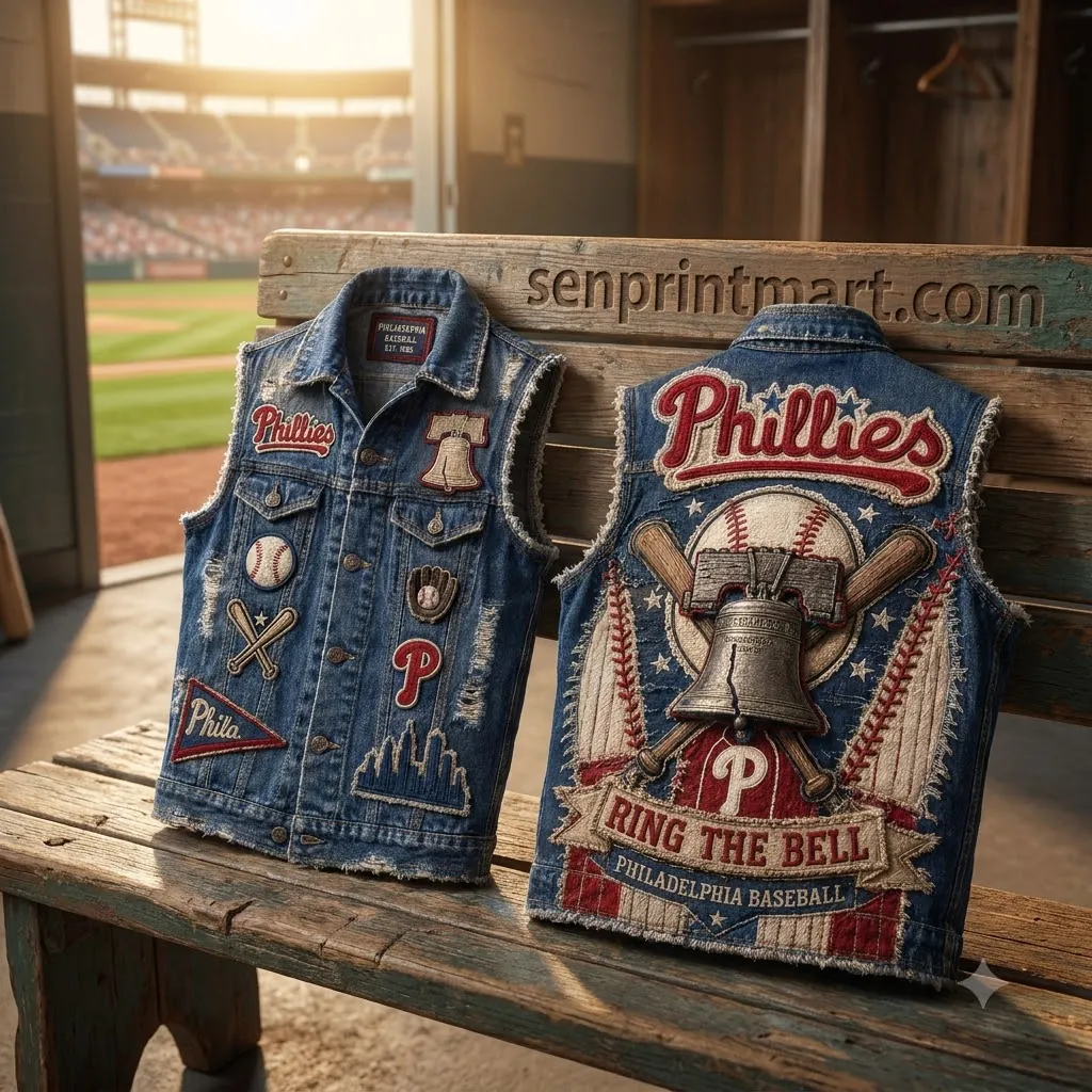 Philadelphia Phillies Ring The Bell Vintage Distressed Patch Denim Vest
