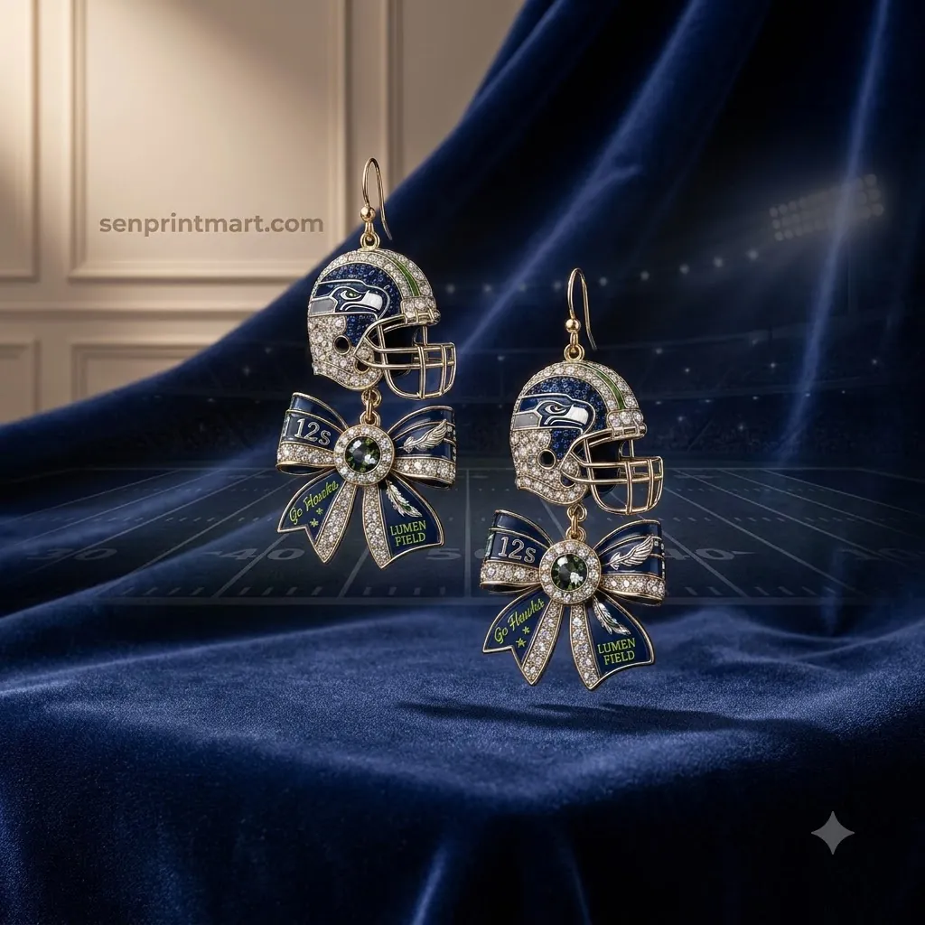 Seattle Seahawks Go Hawks 12s Lumen Field Rhinestone Helmet Dangle Earrings