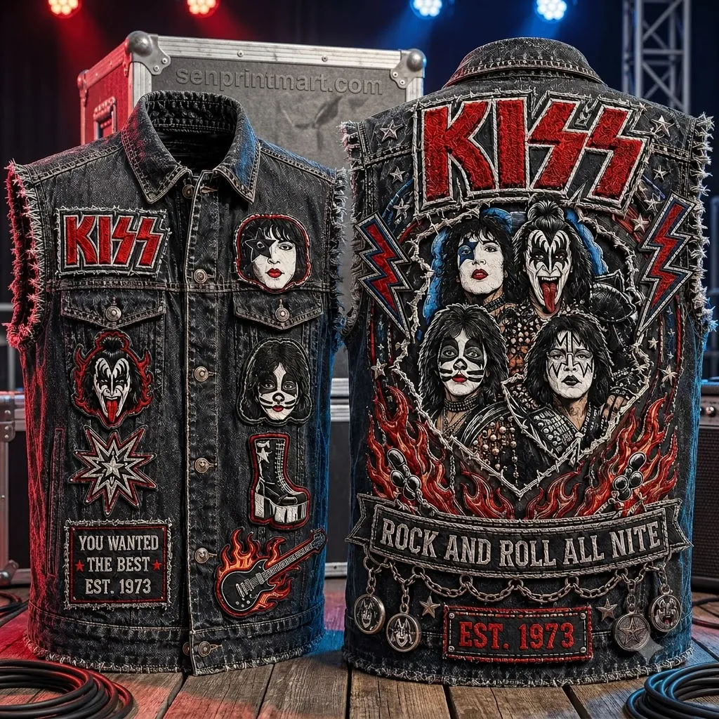 KISS Rock and Roll All Nite Est 1973 Embroidered Denim Vest