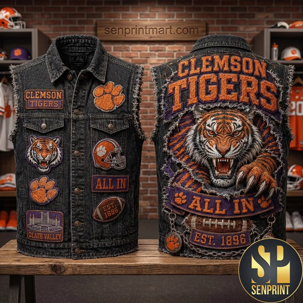 Clemson Tigers Est 1896 Vintage Distressed Denim Vest