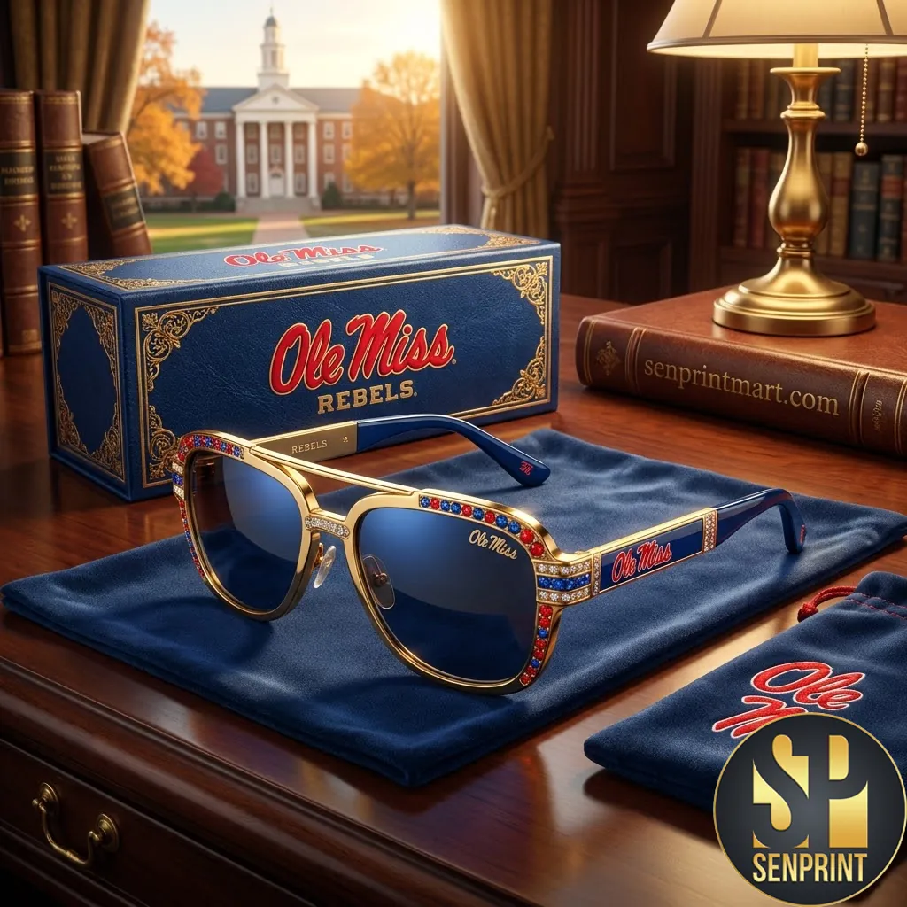 Ole Miss Rebels Premium Gold Frame Crystal Embellished Aviator Sunglasses