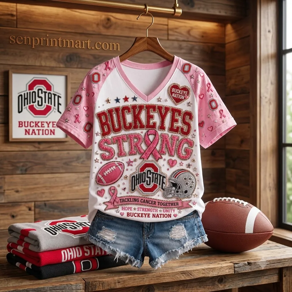 Ohio State Buckeyes Strong Breast Cancer Awareness Pink Ribbon 3D V-Neck Shirt