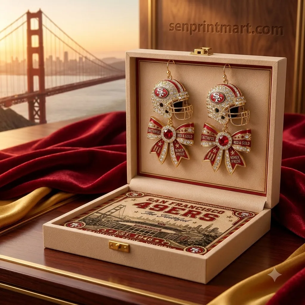 San Francisco 49ers The Faithful Crystal Helmet Bow Dangle Earrings
