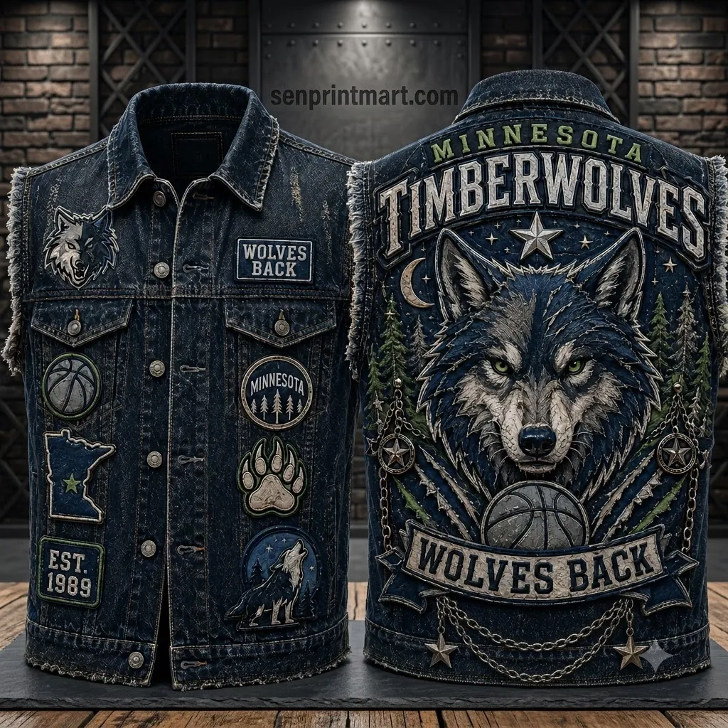 Minnesota Timberwolves Wolves Back Vintage Graphic Denim Vest