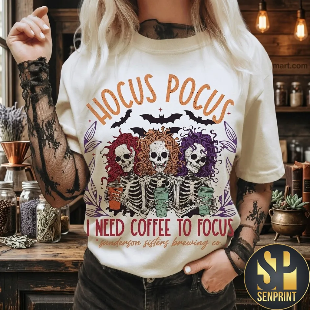 Hocus Pocus I Need Coffee To Focus Sanderson Sisters Halloween T-Shirt
