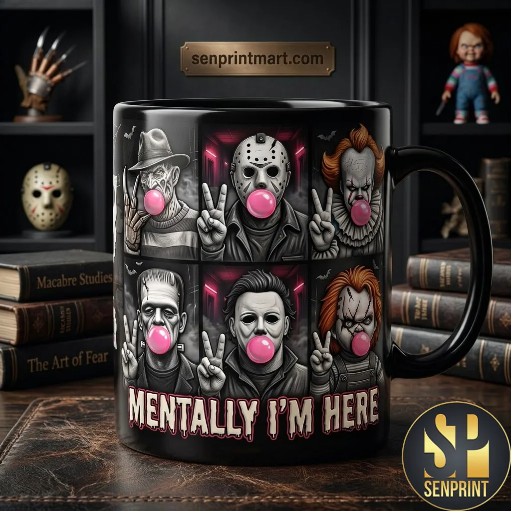 Mentally I’m Here Funny Horror Characters Bubblegum Ceramic Coffee Mug