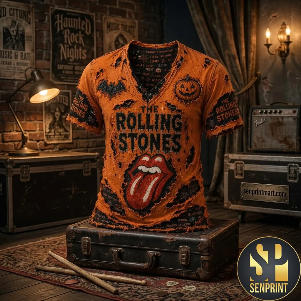 The Rolling Stones Halloween Distressed Orange Vintage Rock Band V-Neck T-Shirt