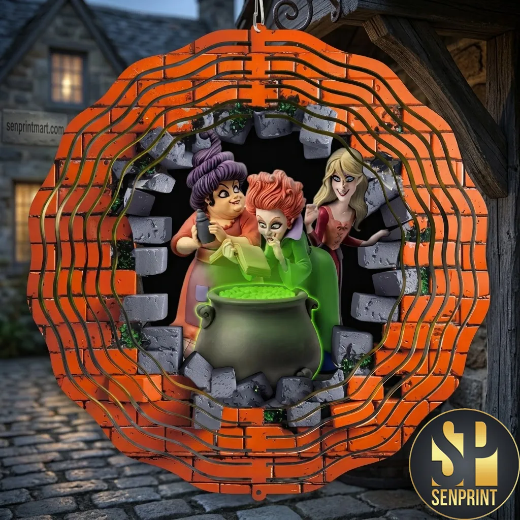 Sanderson Sisters Witch Cauldron Halloween Outdoor Hanging Metal Wind Spinner