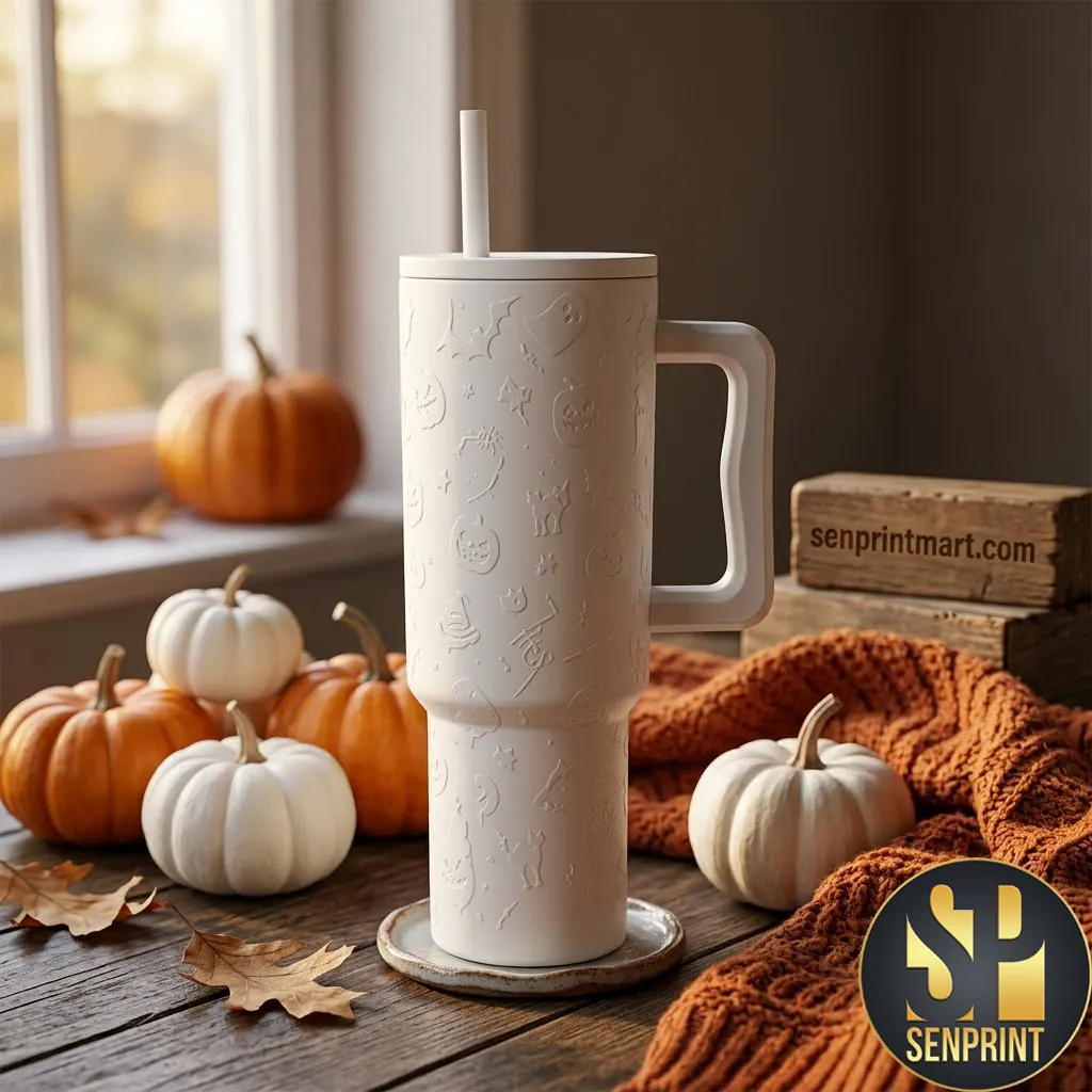 Minimalist Embossed Halloween Pumpkin and Ghost White 40oz Tumbler
