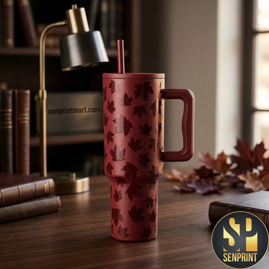 Autumn Maple Leaf Embossed Matte Burgundy 40oz Travel Tumbler
