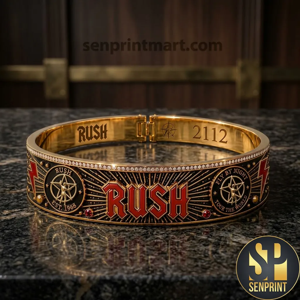 Rush Rock Band 2112 Est 1968 Gold Engraved Luxury Cuff Bracelet