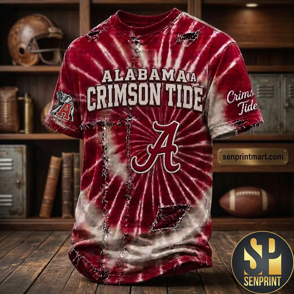 Alabama Crimson Tide Distressed Tie Dye 3D Graphic T-Shirt