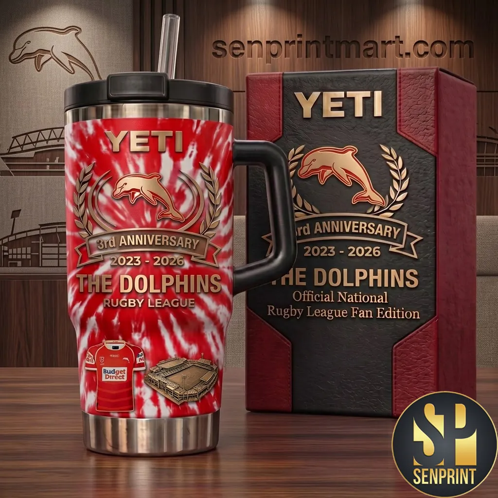 The Dolphins Rugby League 3rd Anniversary 2023 2026 Commemorative Red Tie Dye Travel Tumbler