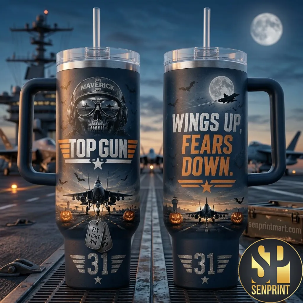 Top Gun Maverick Wings Up Fears Down Halloween Skull Pilot Stainless Steel Tumbler