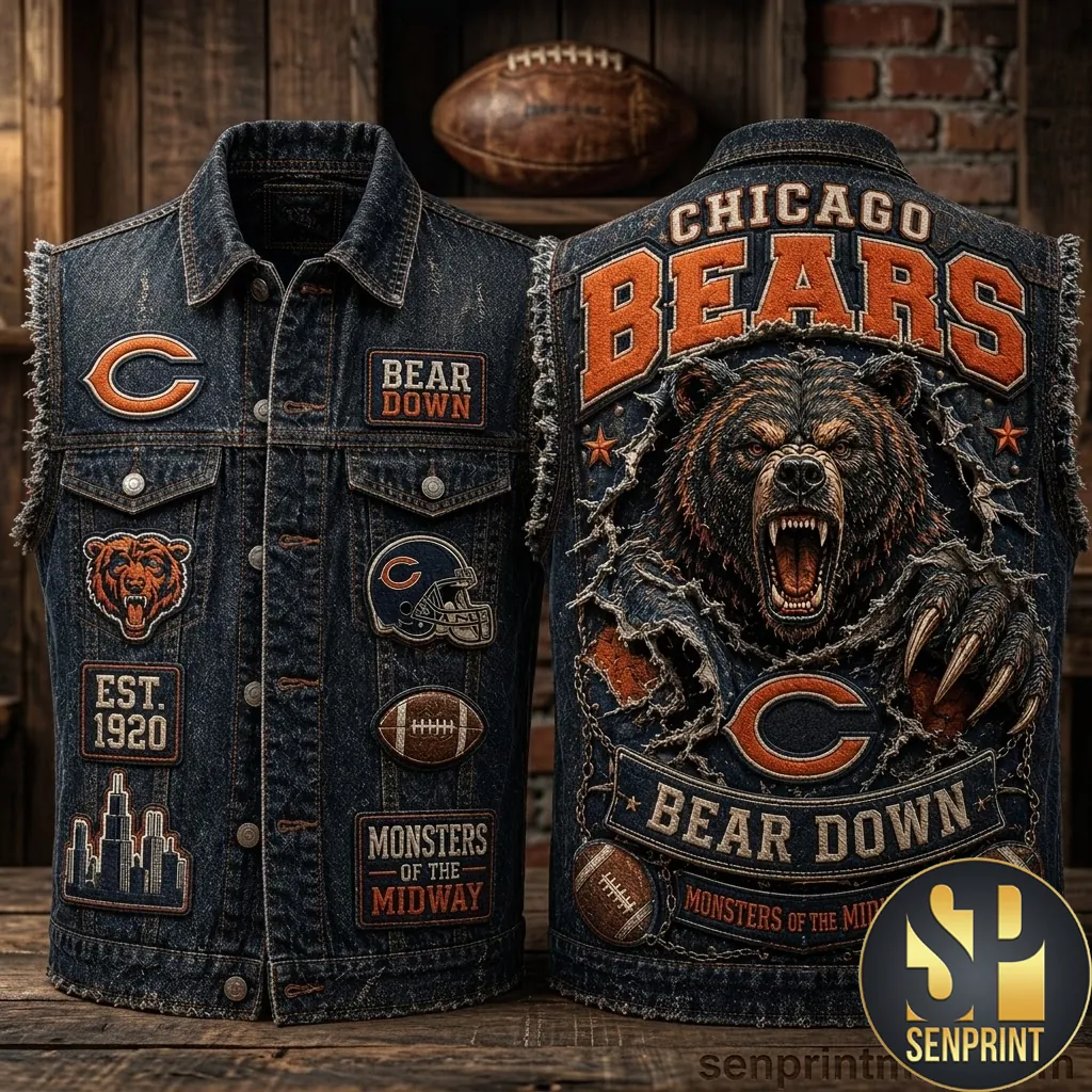 Chicago Bears Bear Down Vintage Embroidered Premium Denim Vest
