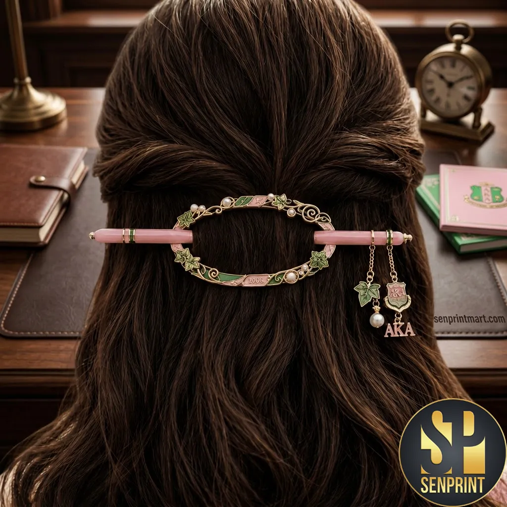Alpha Kappa Alpha 1908 Ivy Leaf Pink and Green Pearl Hair Slide