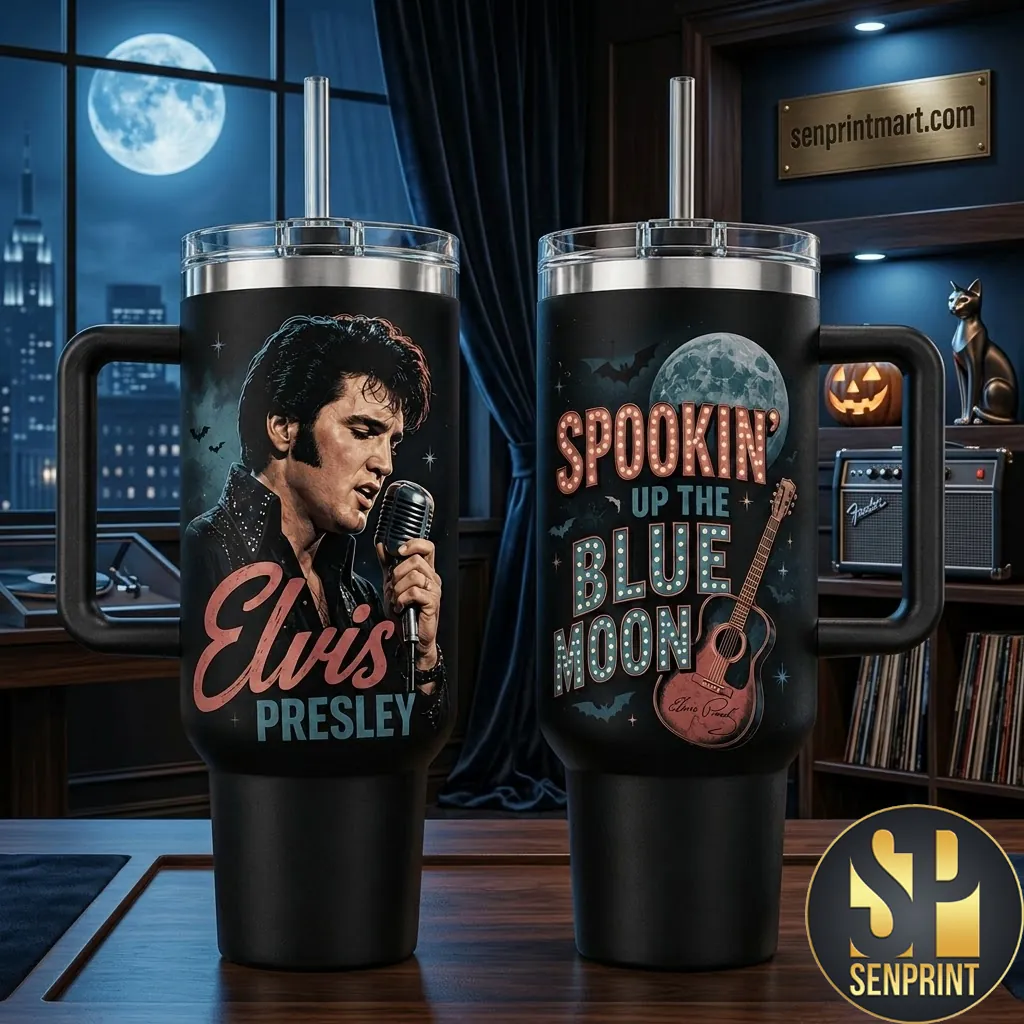 Elvis Presley Spookin’ Up the Blue Moon Halloween Vintage Insulated Travel Tumbler