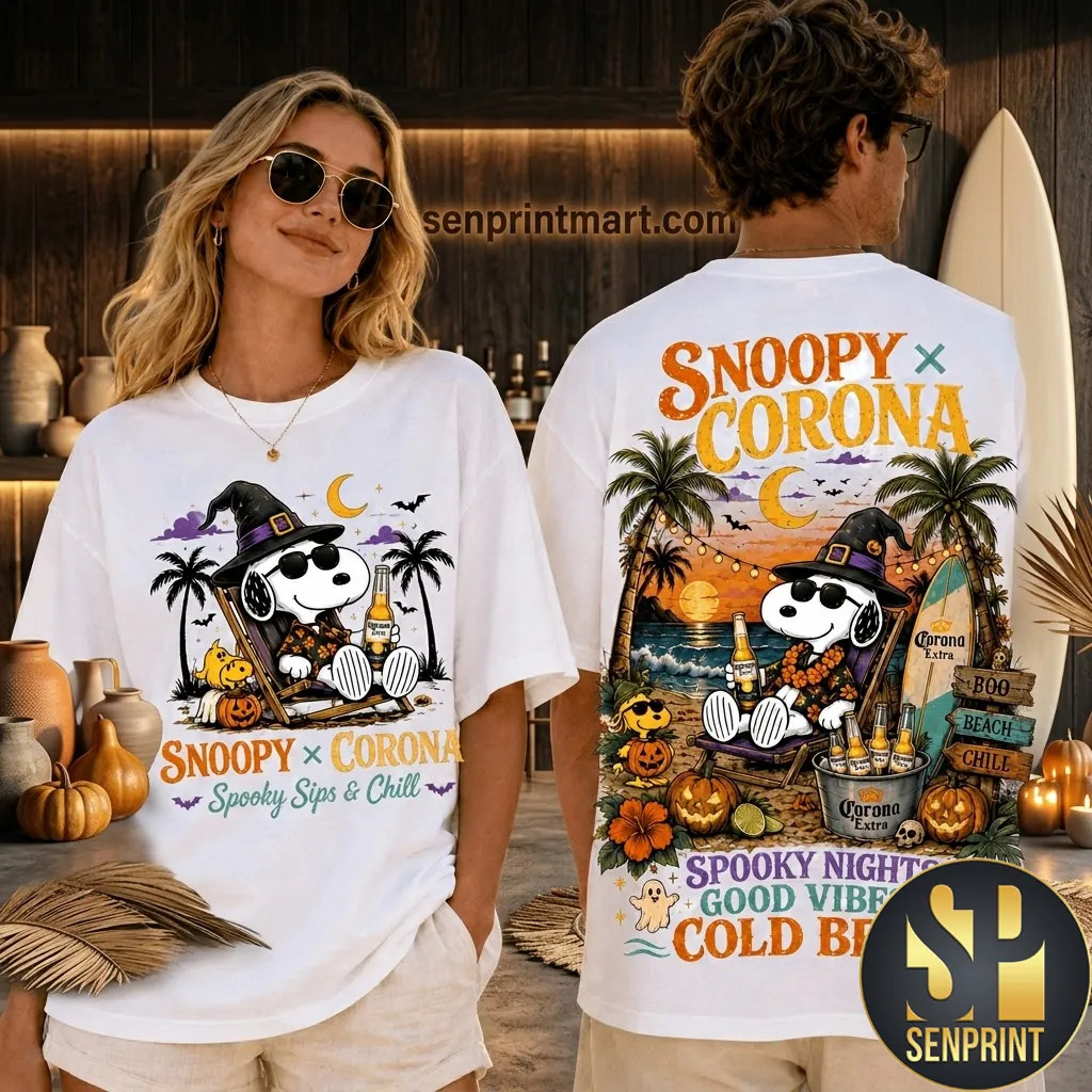 Snoopy x Corona Spooky Sips and Chill Halloween Beach Graphic T-Shirt