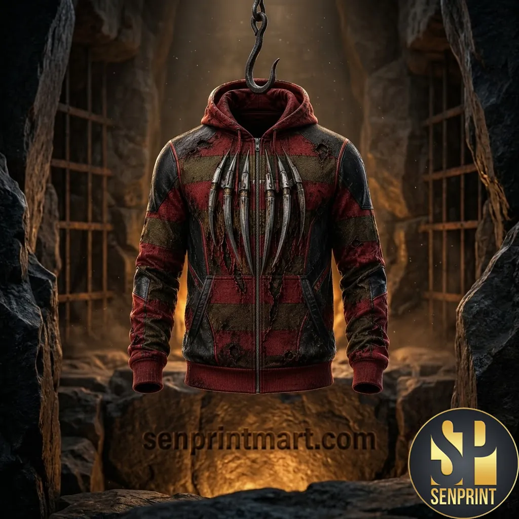 Freddy Krueger Nightmare Cosplay Distressed Striped 3D Claw Zip Up Hoodie