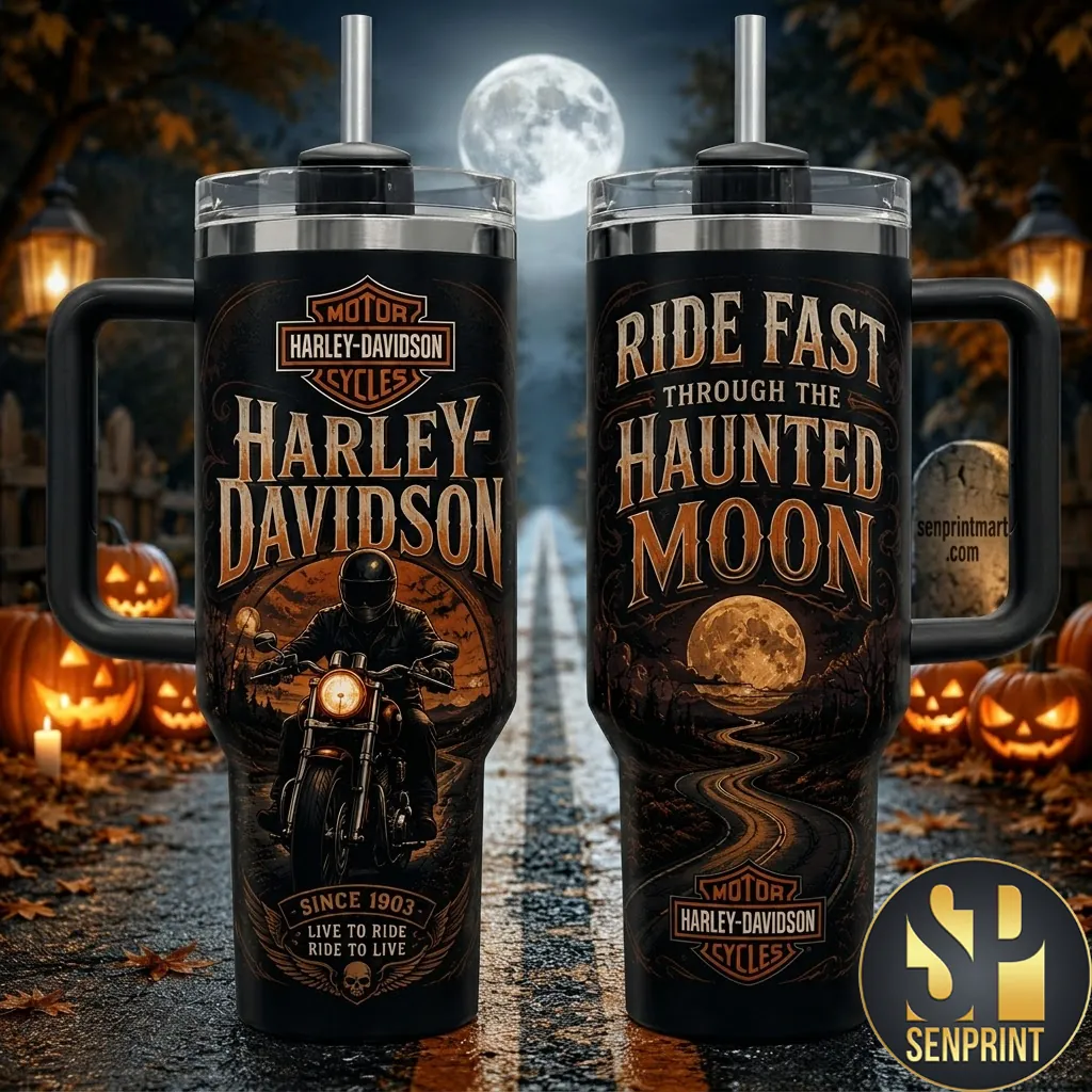 Harley-Davidson Ride Fast Through The Haunted Moon Biker Travel Tumbler