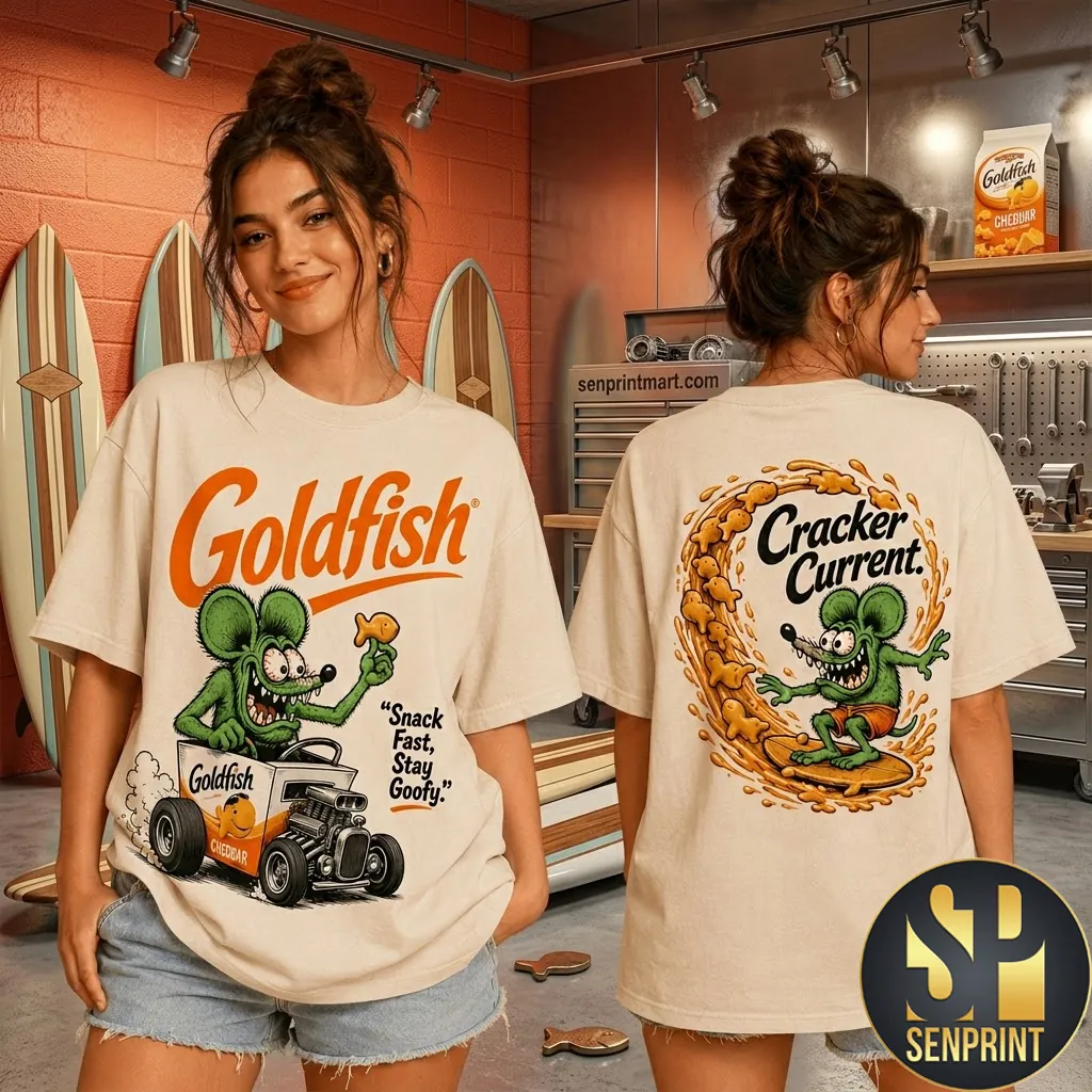 Vintage Goldfish Cracker Snack Fast Stay Goofy Green Rat Graphic T-Shirt