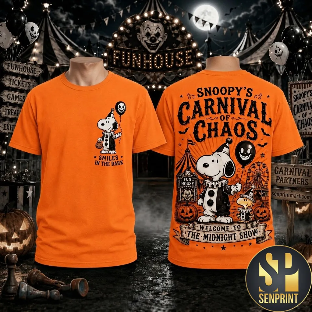 Snoopy’s Carnival of Chaos Spooky Halloween Orange Graphic T-Shirt