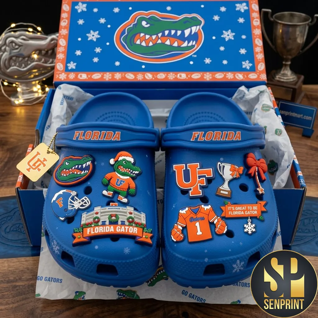 Florida Gators UF NCAA Holiday Edition Premium 3D Charms Blue Clog Shoes