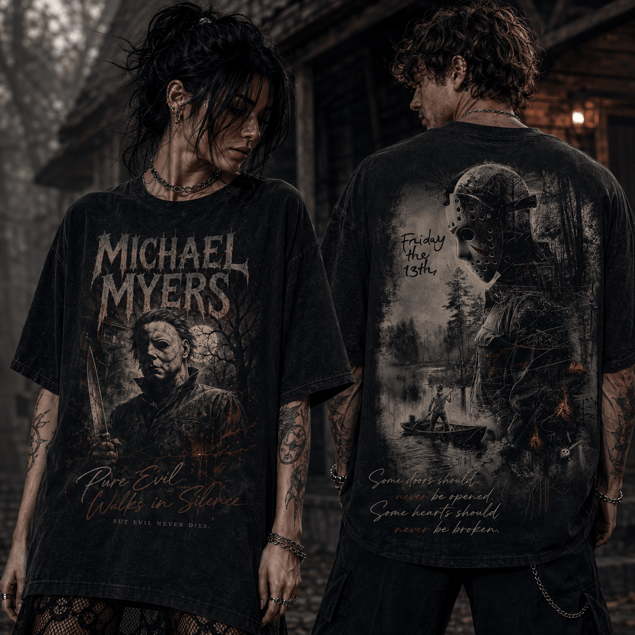 Michael Myers and Jason Voorhees Friday the 13th Vintage Wash Horror Graphic T-Shirt
