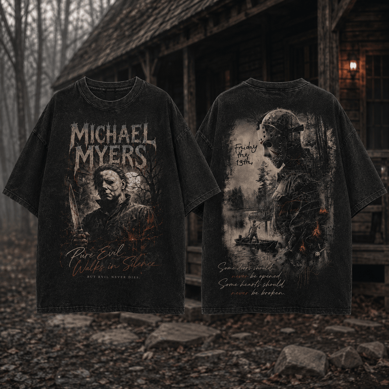 Michael Myers and Jason Voorhees Friday the 13th Vintage Wash Horror Graphic T-Shirt Michael Myers and Jason Voorhees Friday the 13th Vintage Wash Horror Graphic T-Shirt