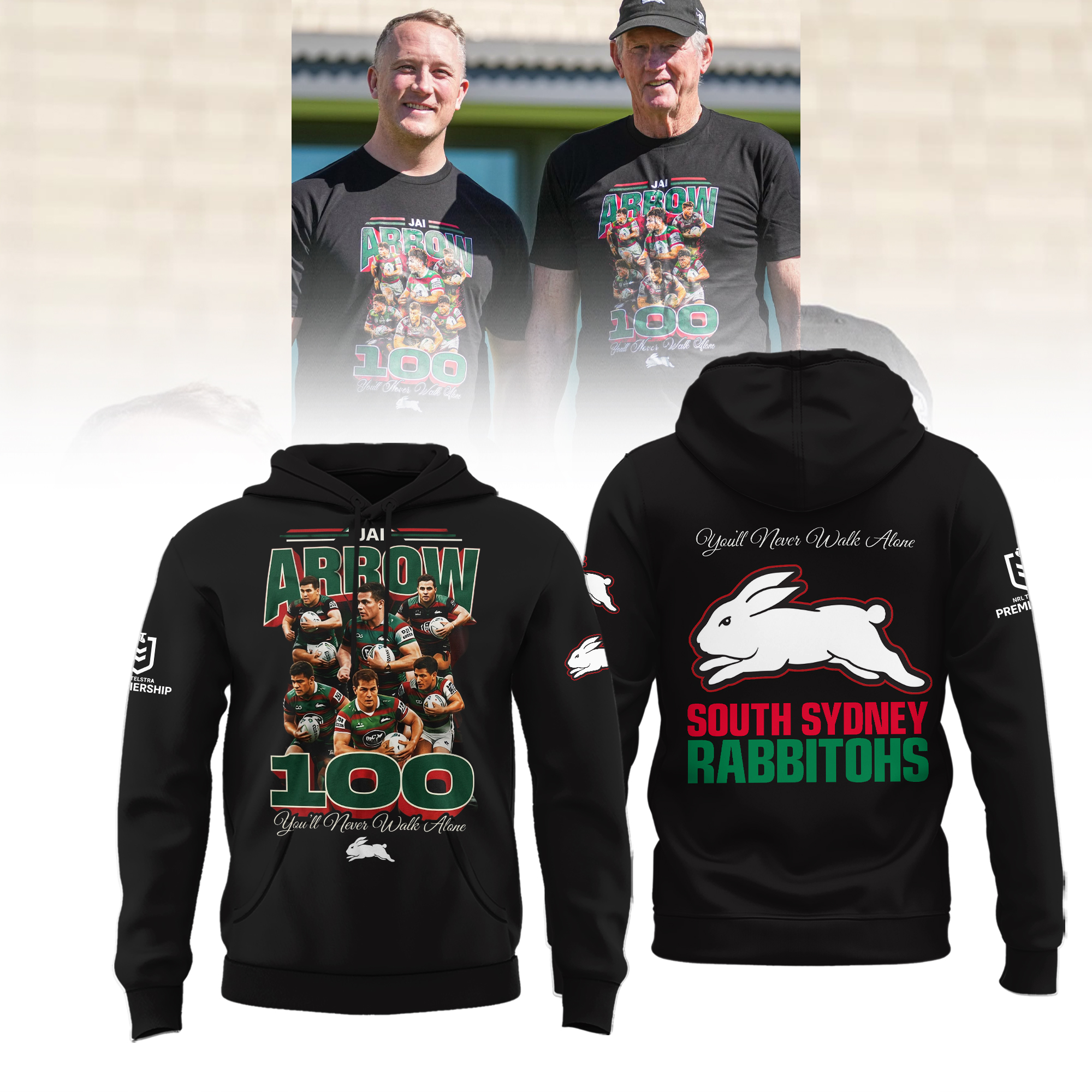 NRL South Sydney Rabbitohs Jai Arrow 100 You’ll Never Walk Alone Commemorative Black Pullover Hoodie