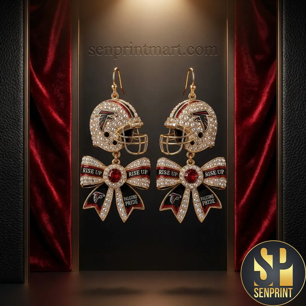 Atlanta Falcons Rise Up Crystal Helmet Bow Dangle Earrings