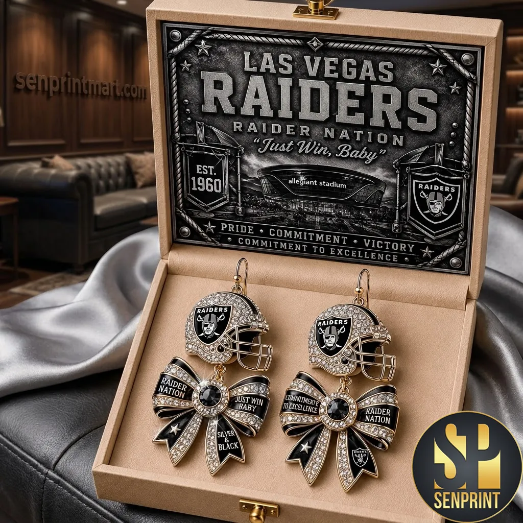 Las Vegas Raiders Raider Nation Crystal Helmet and Bow Dangle Earrings