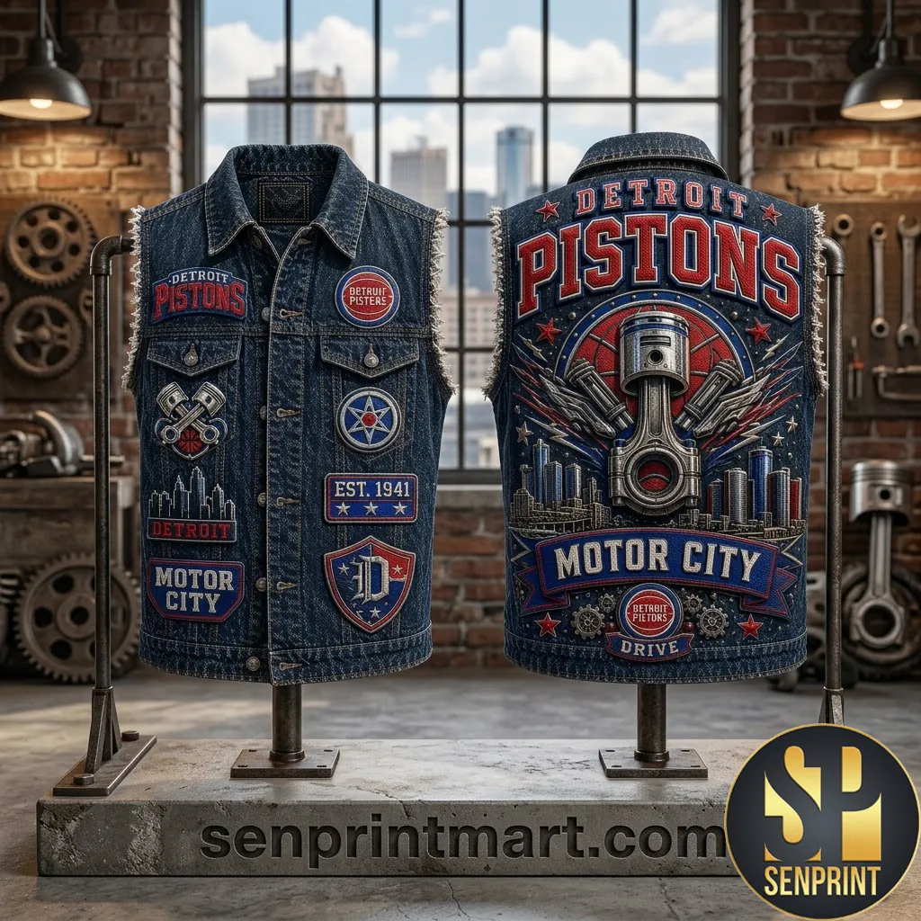 Detroit Pistons Motor City Est 1941 Retro Patch Denim Vest
