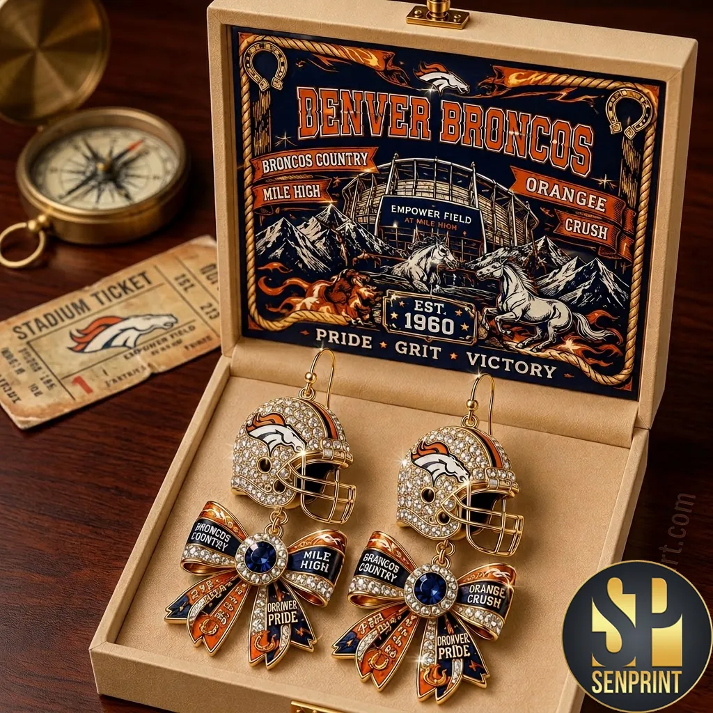Denver Broncos Crystal Football Helmet and Bow Gameday Dangle Earrings