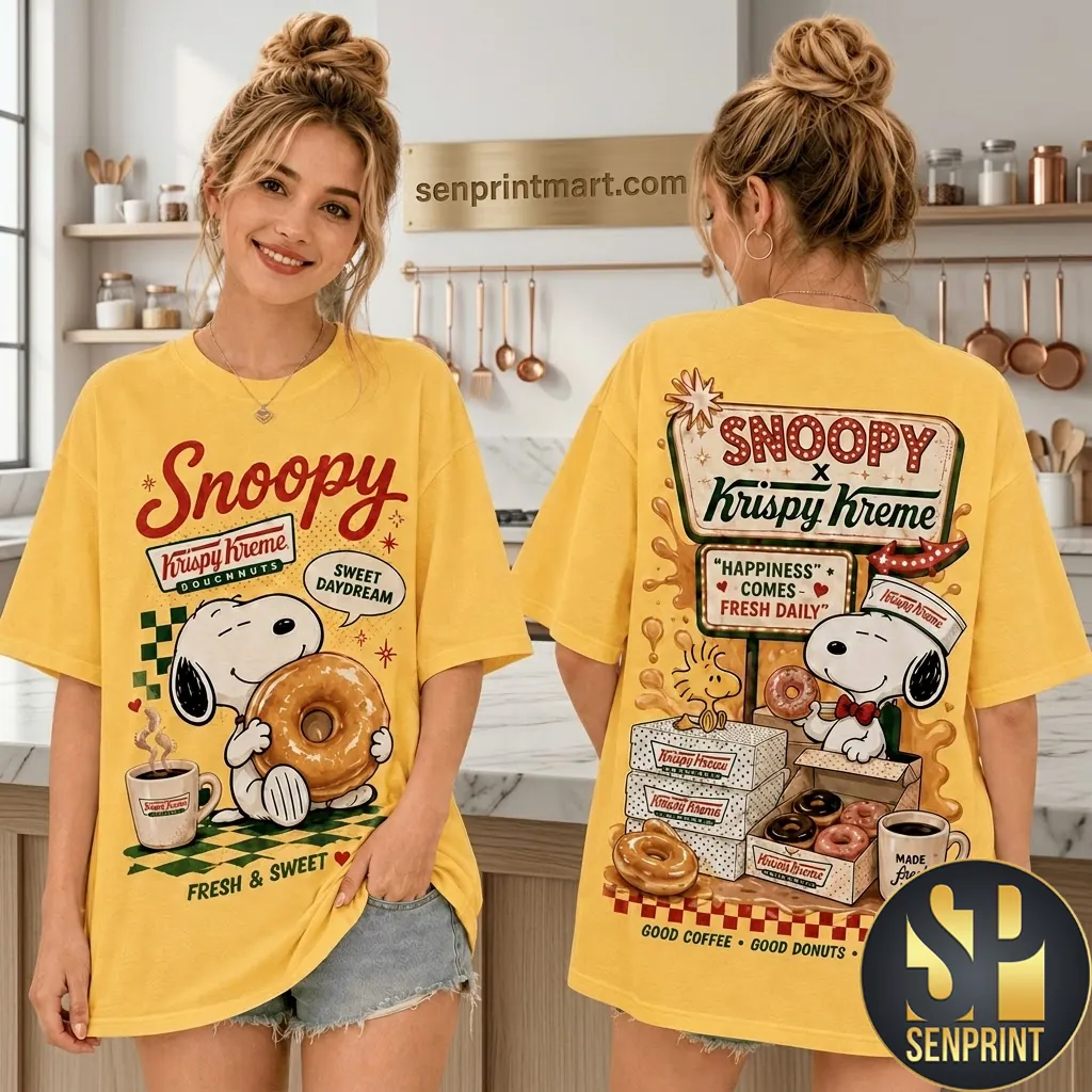 Snoopy x Krispy Kreme Happiness Comes Fresh Daily Yellow Graphic Tee
