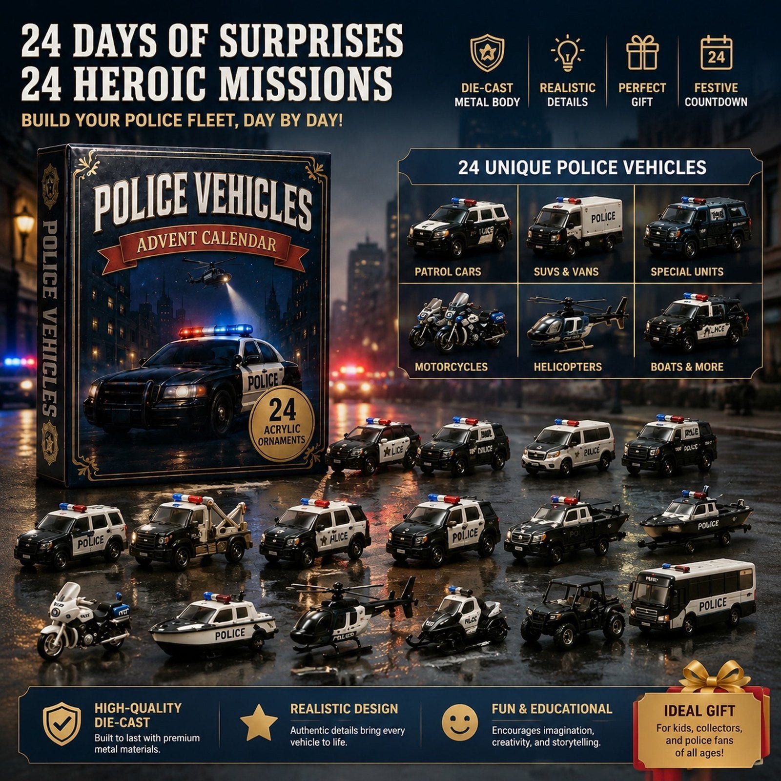 Police Vehicles 24-Day Christmas Countdown Holiday Acrylic Ornaments Advent Calendar