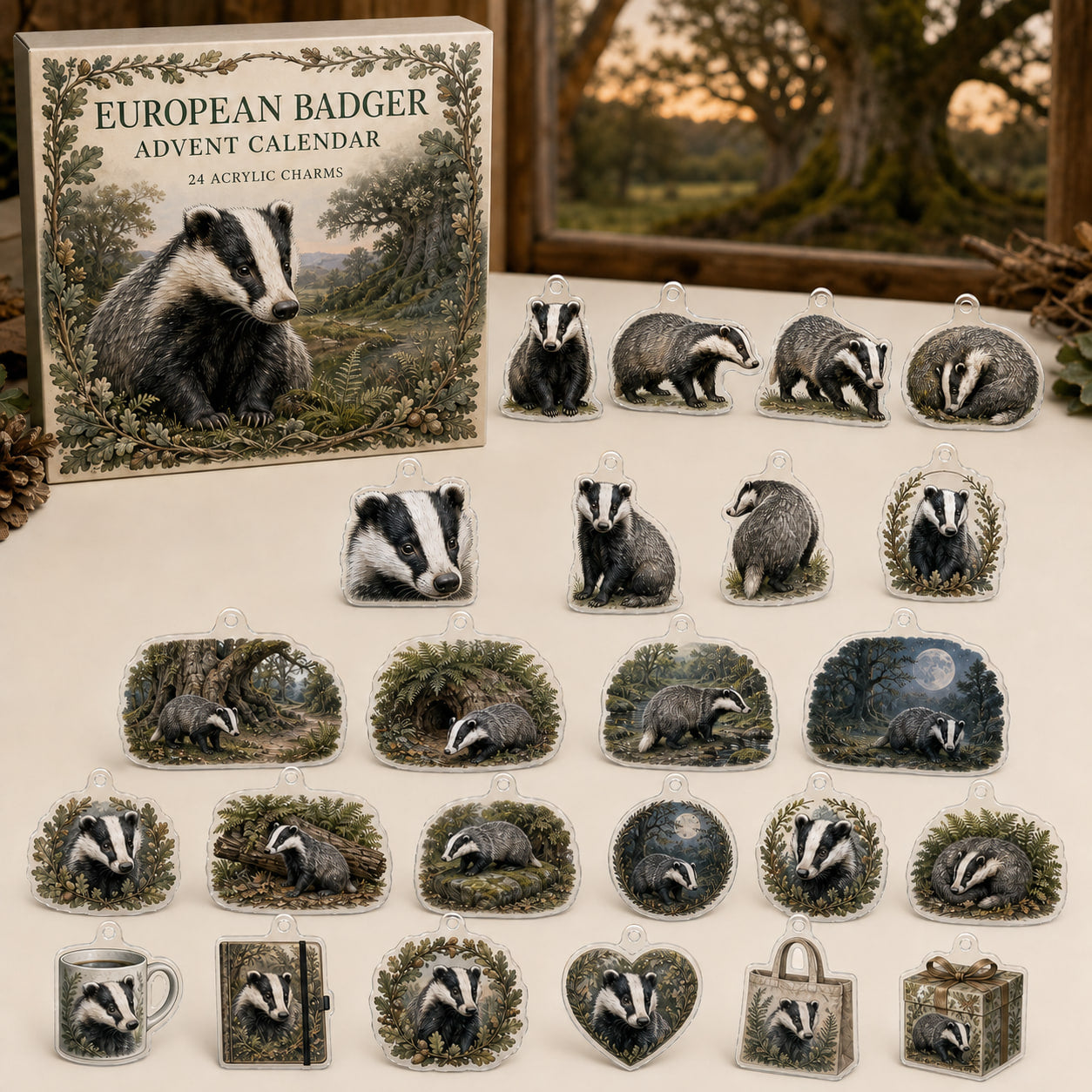 European Badger Woodland Wildlife 24 Days Christmas Countdown Acrylic Charm Advent Calendar