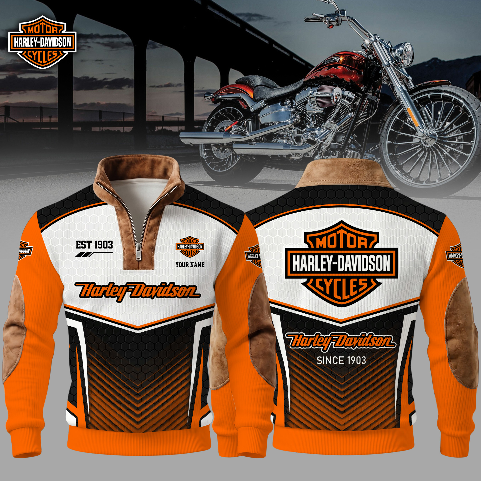Personalized Harley-Davidson Est 1903 Custom Name Men’s Orange Black Biker Quarter Zip Ribbed Sweater