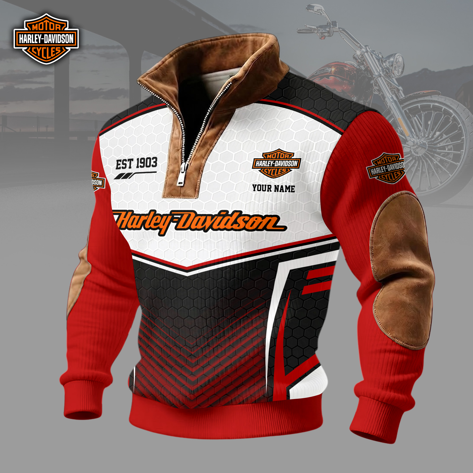 Personalized Harley-Davidson Est 1903 Custom Name Men’s Orange Black Biker Quarter Zip Ribbed Sweater Personalized Harley-Davidson Est 1903 Custom Name Men’s Orange Black Biker Quarter Zip Ribbed Sweater