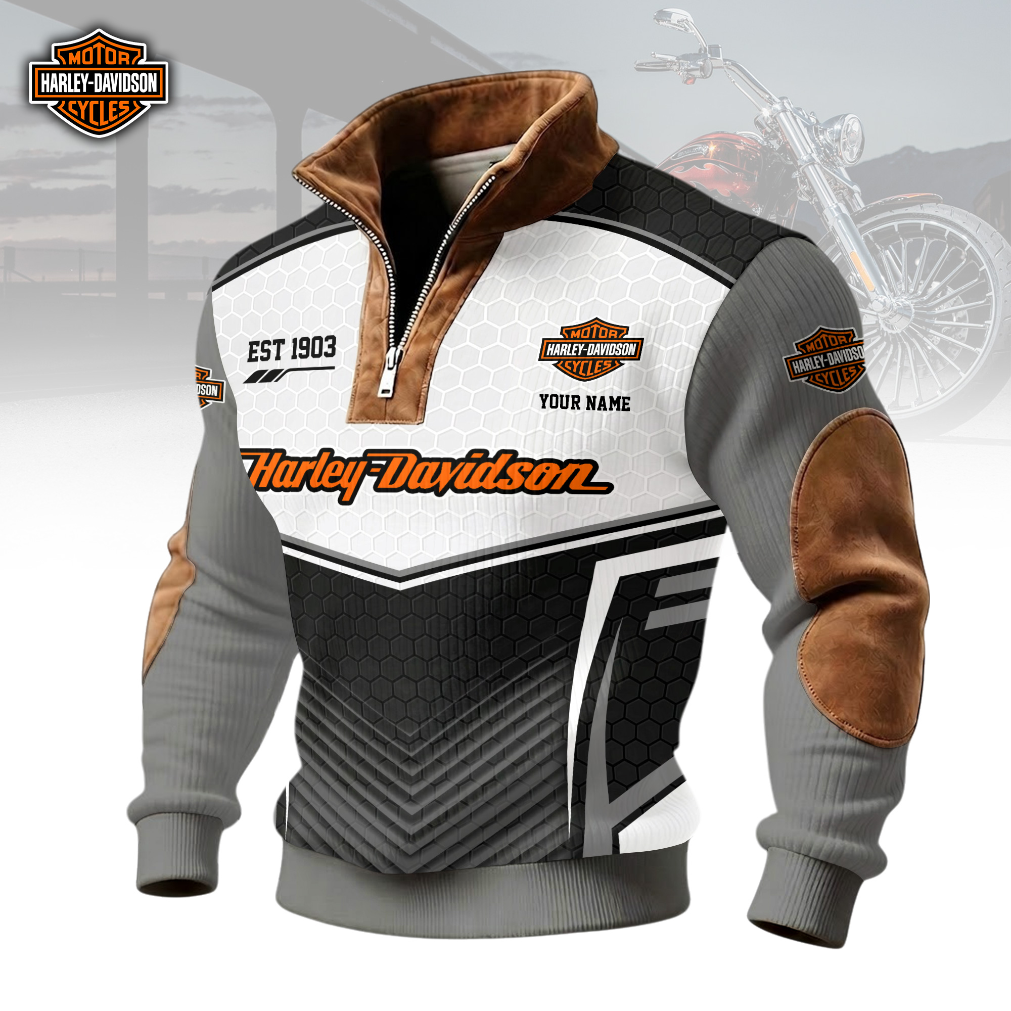 Personalized Harley-Davidson Est 1903 Custom Name Men’s Orange Black Biker Quarter Zip Ribbed Sweater Personalized Harley-Davidson Est 1903 Custom Name Men’s Orange Black Biker Quarter Zip Ribbed Sweater