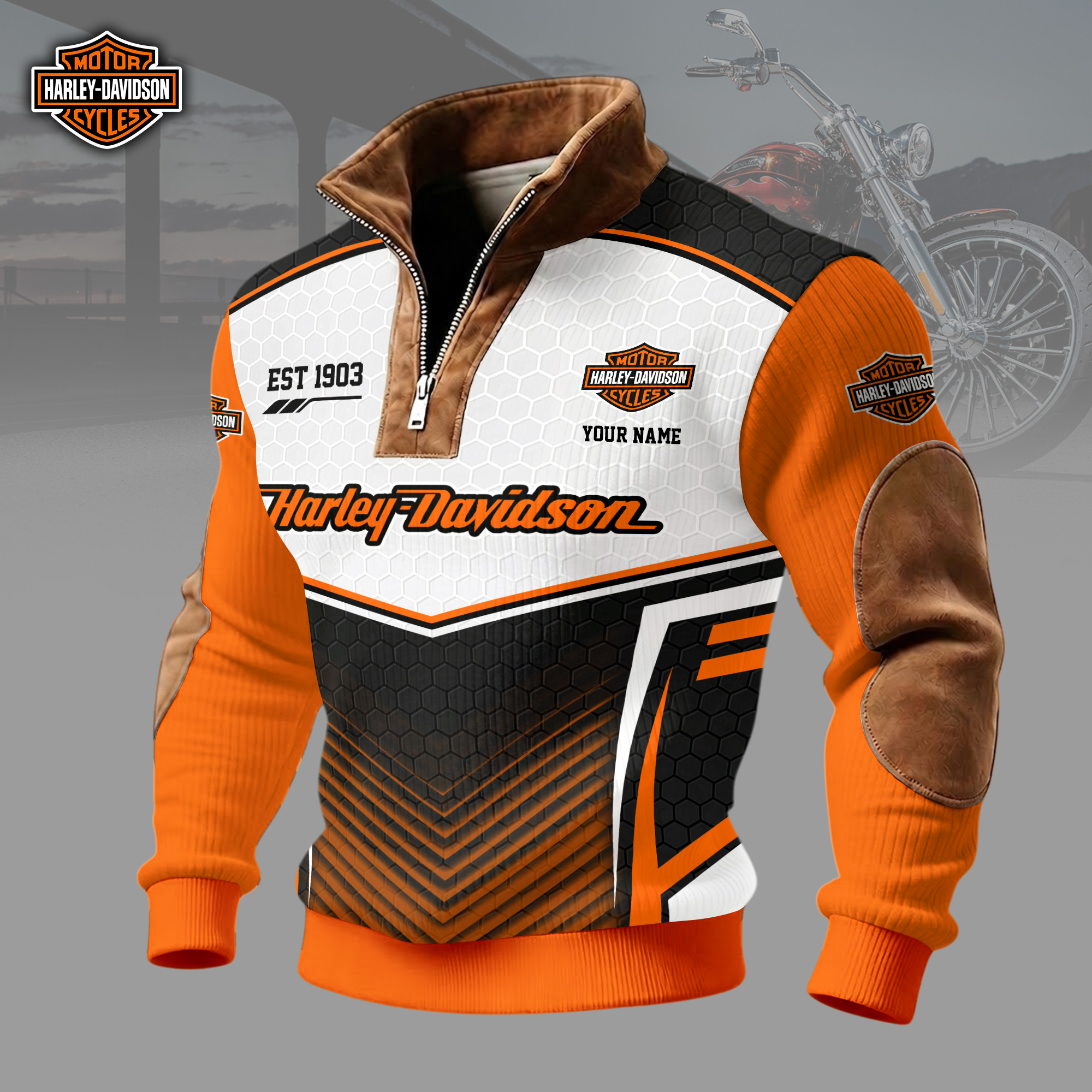 Personalized Harley-Davidson Est 1903 Custom Name Men’s Orange Black Biker Quarter Zip Ribbed Sweater Personalized Harley-Davidson Est 1903 Custom Name Men’s Orange Black Biker Quarter Zip Ribbed Sweater