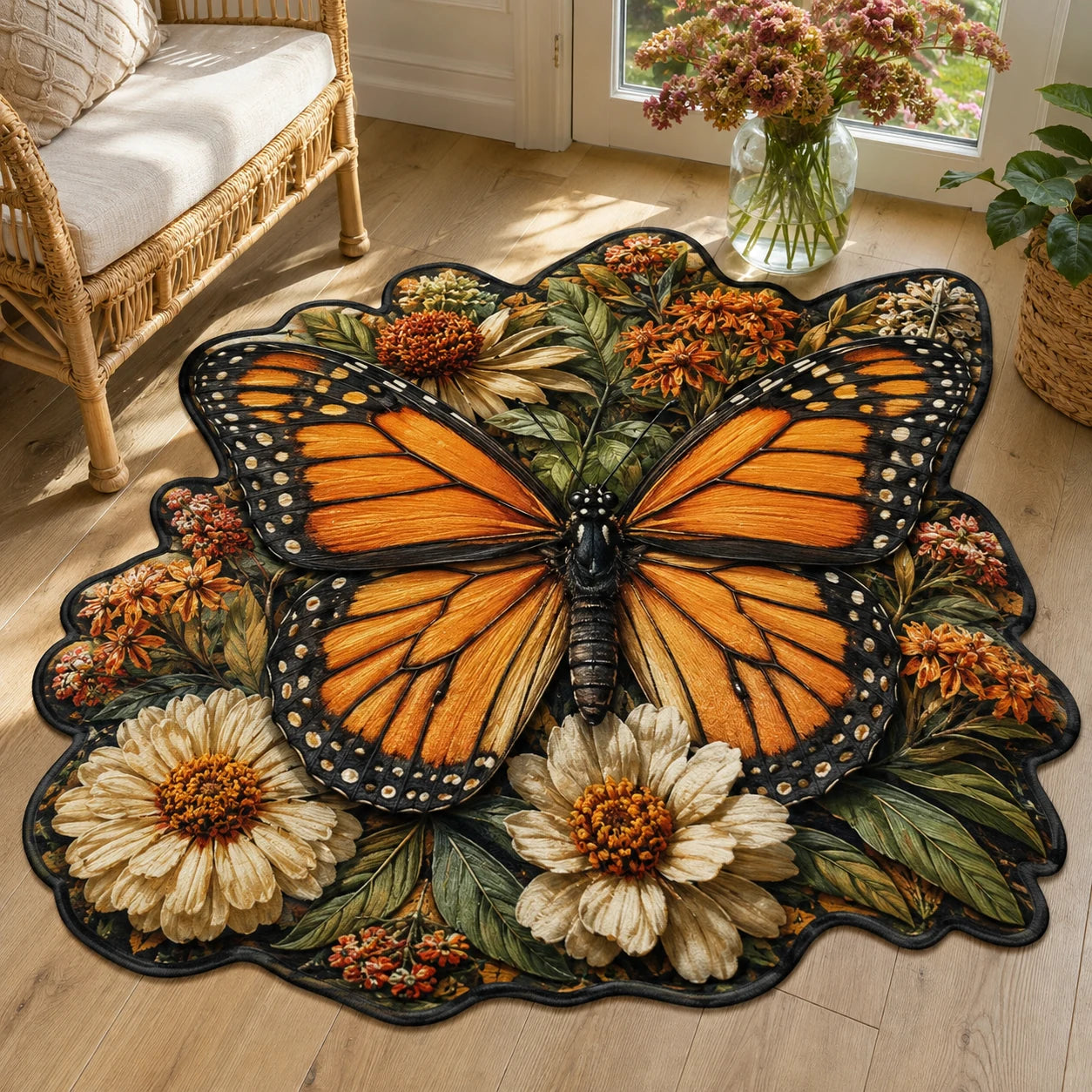 Vintage Monarch Butterfly Wildflower Botanical 3D Print Custom Shape Area Rug