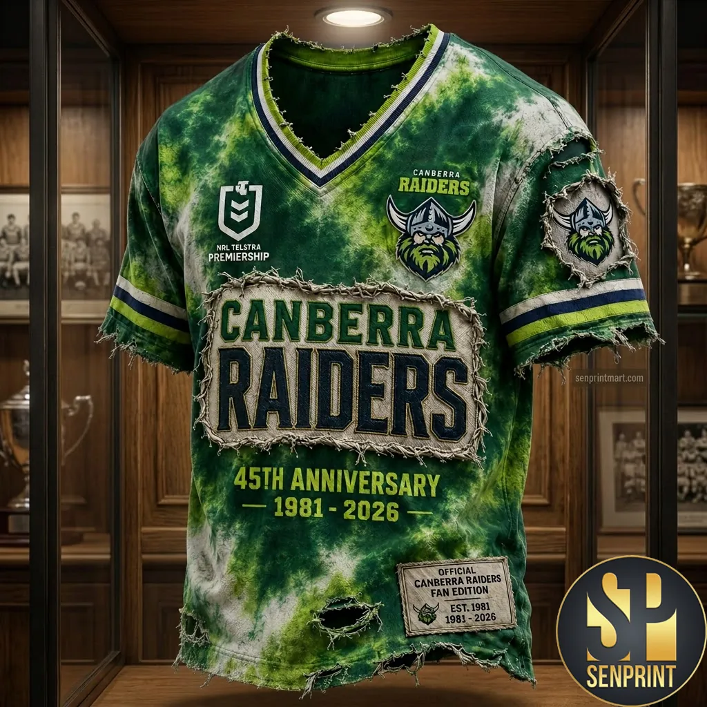 Canberra Raiders 45th Anniversary 1981 2026 Distressed Tie Dye V-Neck Shirt