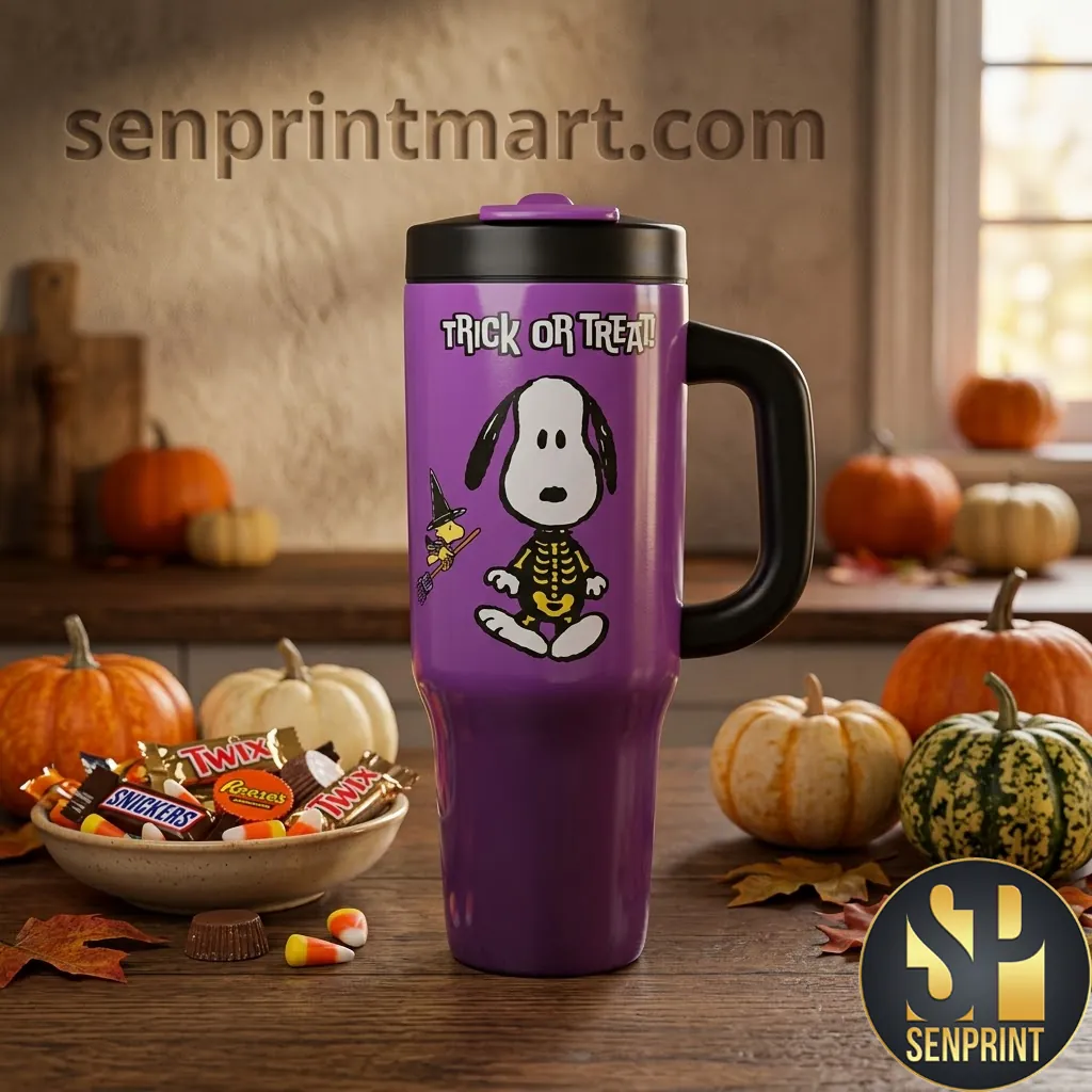 Snoopy Trick or Treat Halloween Purple Insulated 40oz Tumbler with Handle