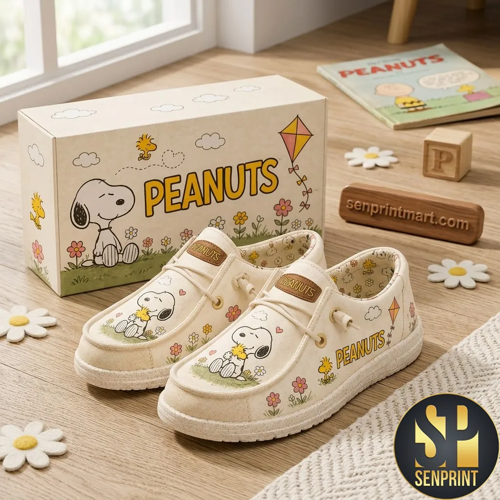 Peanuts Snoopy and Woodstock Cute Floral Canvas Dude Shoes