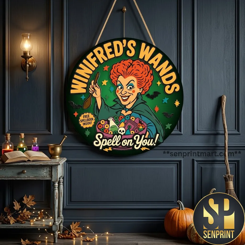 Winifred’s Wands Spell on You Vintage Halloween Round Wooden Door Sign